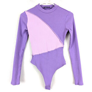 Naked Wardrobe sz M Bodysuit ribbed purples stretchy long sleeve top 0049
